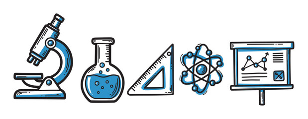 Hand-drawn scientific icons featuring a microscope, beaker, triangle ruler, atomic symbol, and presentation board.