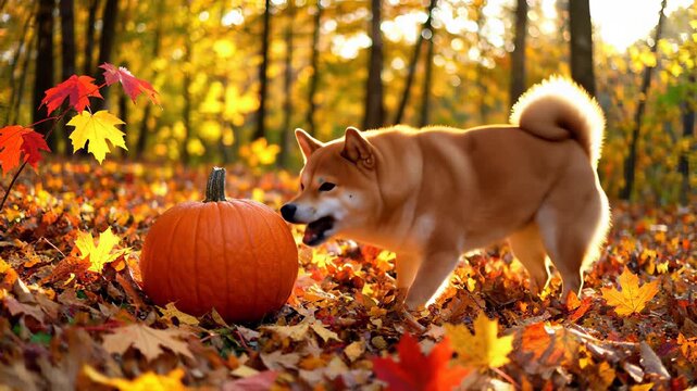 Curious dog stands amidst fall leaves, sniffing vibrant pumpkin in foreground, capturing playful exploration and joy of autumnal whimsy, perfect for promoting family friendly events or seasonal.