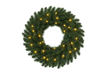 A meticulously crafted classic festive Christmas wreath of deep green pine and fir evergreen branches with soft, glowing cool white LED lights against a transparent studio background. Holiday
