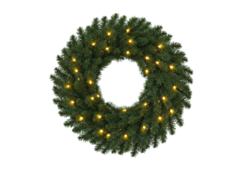 A meticulously crafted classic festive Christmas wreath of deep green pine and fir evergreen branches with soft, glowing cool white LED lights against a transparent studio background. Holiday