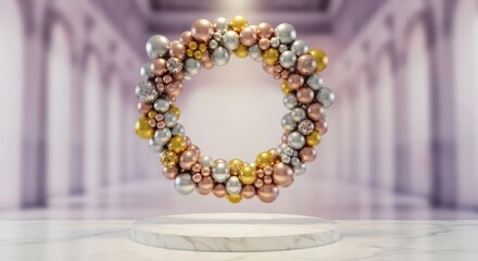 Obraz premium Circular balloon arrangement in gold and rose