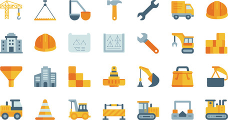 isometric construction tools and vehicles icon set, engineering machinery, safety equipment, construction site elements, flat design vector illustration, industrial icons