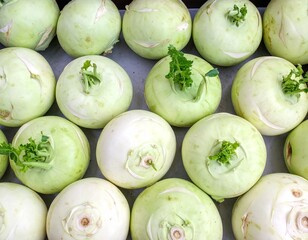 Top view of kohlrabi tightly arranged on a tray, emphasizing natural texture, fresh green tones, and simple organic food presentation.