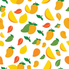 Obraz premium Mango seamless, tropical fruit pattern, summer yellow slice repeat, sweet green leaf vector illustration, juicy background modern design.
