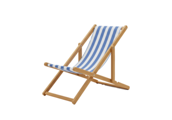 3D rendered empty light brown wooden beach chair with blue and white stripes, reclined on a transparent background with copy space, soft studio lighting. Concept of summer relaxation