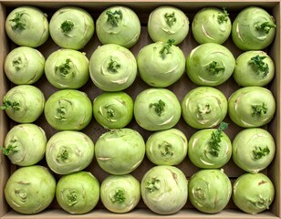 Top view of kohlrabi tightly arranged on a tray, emphasizing natural texture, fresh green tones, and simple organic food presentation.