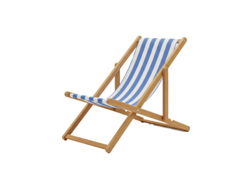 3D rendered empty light brown wooden beach chair with blue and white stripes, reclined on a transparent background with copy space, soft studio lighting. Concept of summer relaxation