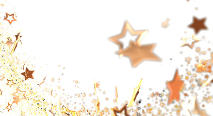 Abstract background with falling golden star confetti and glitter isolated on a white background, suitable for various festive designs.