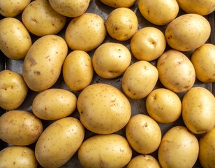 Top view of multiple potatoes stacked closely on a tray, highlighting natural texture and organic shapes in a simple food arrangement.