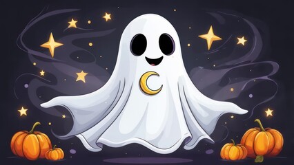 Whimsical Cartoon Ghost with Crescent Moon and Starry Night Halloween Scene