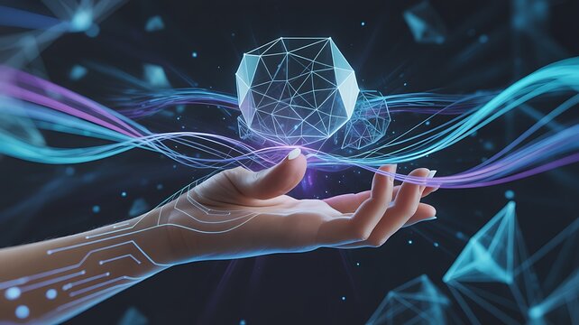 Metaverse Technology concepts. Woman hand holding global network connection. Internet communication, Wireless connection technology. Futuristic technology with polygonal shapes. - Powered by Adobe