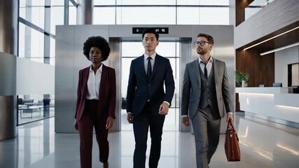 Businessman exiting modern stainless steel elevator in corporate lobby - Powered by Adobe