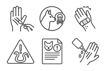 Fototapeta premium Animal Injury Icons. Line style icons of animal encounter injury care: claw wound cleaning, rabies concern icon, bite puncture