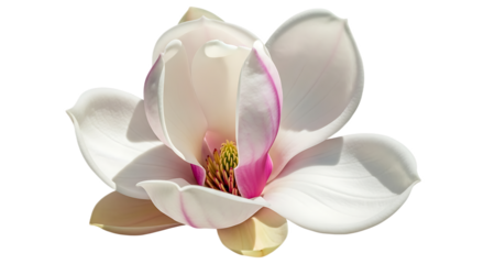 A single magnolia blossom with white petals and a pink center isolated on a black background