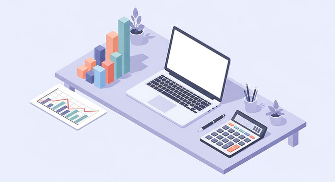 Isometric view of a desk with laptop, calculator, graph, and bar chart illustration on a light background - Powered by Adobe
