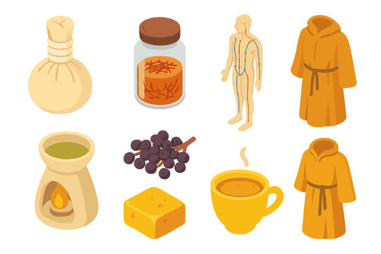 Traditional Medicine Elements. Isometric vector illustration set of Traditional medicine: herbal poultice wrap, saffron threads