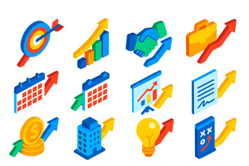 Bold Business Arrow Icons. Isometric vector illustration set Arrows in Business: arrow with target, arrow with growth chart, arrow