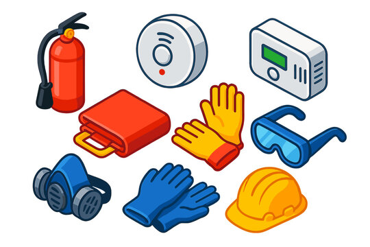 Disaster Preparedness Essentials. Isometric vector illustration set Disaster preparedness &ndash; fire extinguisher, smoke detector,