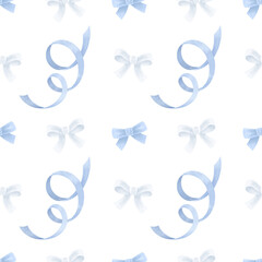 Seamless pattern with blue ribbons and white bows, handdrawn in watercolor. Decorative element in pastel tones for festive designs, greeting cards, wedding invitations, wrapping