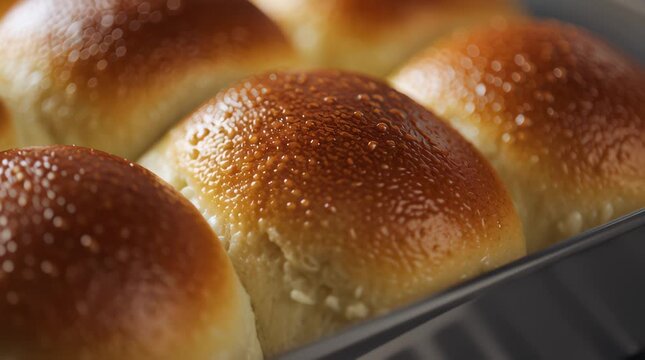 Freshly baked golden brown dinner rolls in a warm baking dish showcasing delicious texture