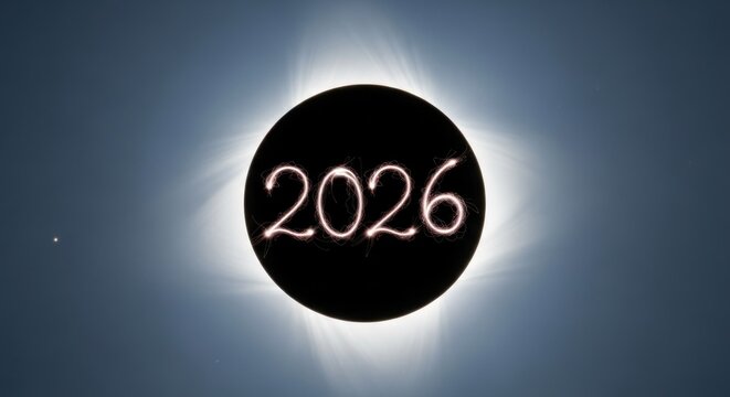 Celestial event depicts a solar eclipse with a dark disc in the center displaying the year 2026, ringed by light