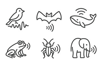 Fototapeta premium Animal Sound Icons. Line style icons of animal sound sources: bird call wave, bat echolocation, whale song symbol, frog croak,