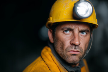 Miner wearing helmet with lamp inside cave