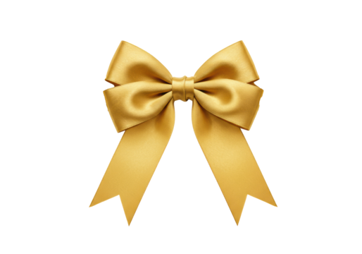 A single, lustrous gold decorative bow, symmetrically tied with loops and long tails, distinct sheen, isolated on transparent with copy space, concept of festive elegance and gifting