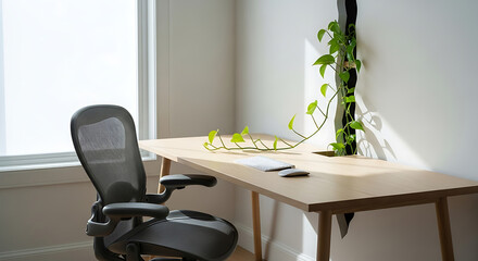 A modern office setup featuring a desk with a plant growing through it and an ergonomic chair nearby