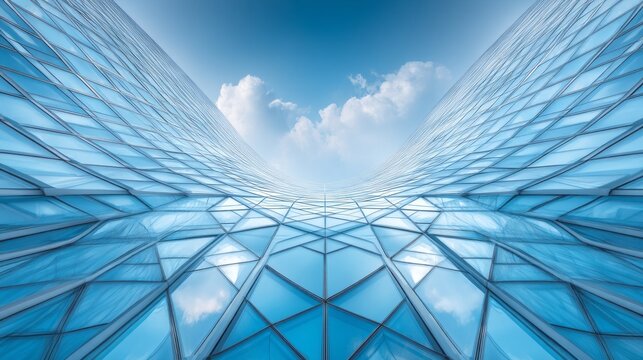 Close-up view reveals a stunning modern building facade made of glass. The intricate geometric patterns reflect blue skies and fluffy clouds, showcasing contemporary architecture in a vibrant city - Powered by Adobe