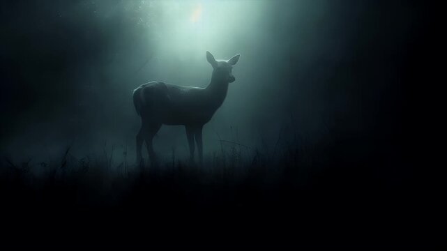 A dark, atmospheric, and atmospheric portrayal of a deer in a misty forest setting. The deer is the central focus, standing tall and poised amidst the foggy backdrop.