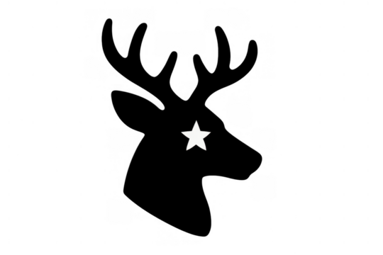 Deer head silhouette with antlers and star eye, creating a strong animal logo concept on transparent background