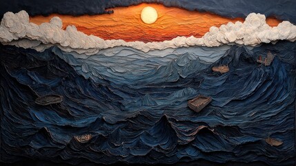 A textured depiction of a turbulent ocean under a sunset sky, with small boats scattered across the waves