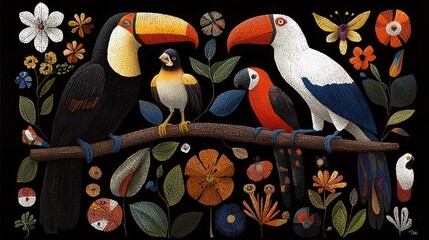 Obraz premium Colorful birds perched on a branch surrounded by a vibrant tapestry of flowers, leaves, and a butterfly against a black background