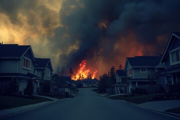 Destructive wildfire raging through residential neighborhood.