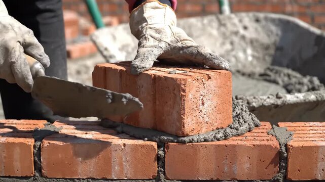 Construction worker placing brick onto mortar layer during wall building process