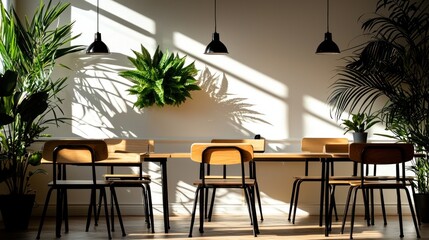 Interior shot of a modern cafe wood tables, metal chairs, hanging lights, leafy plants and sunlight streaming