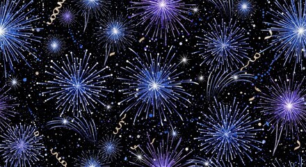 Naklejka premium A dark night sky bursts with vibrant blue and purple fireworks, celebratory ribbons and sparkles