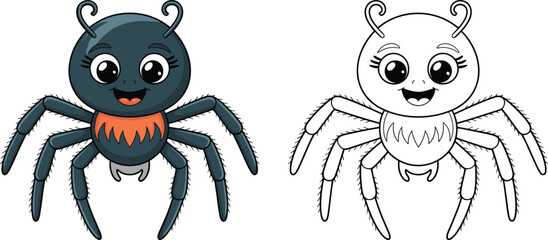 Cartoon spider illustration, black and white outline, colored artwork, cute insect drawing, vector sketch