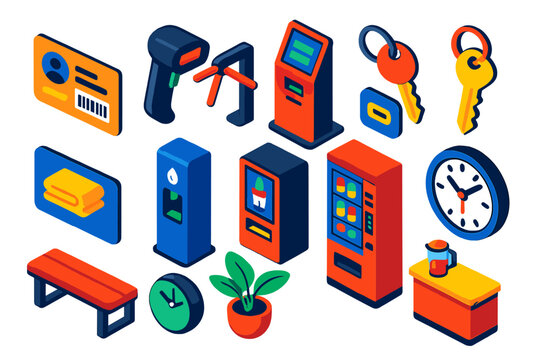 Fitness Gear Icons. Isometric vector illustration set Fitness and Workout Essentials: gym membership card, barcode scanner, - Powered by Adobe