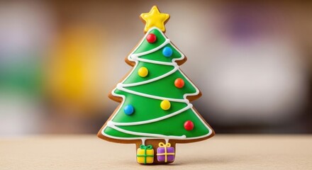 A festive gingerbread cookie shaped like a Christmas tree, decorated with icing and candy. Presents sit at the base
