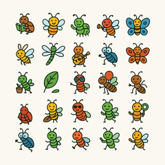 Insects doing different activities cartoon character set