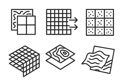 Procedural Texture Icons. Line style icons of procedural texture icons: texture map overlay, tiled pattern generator, noise-filled
