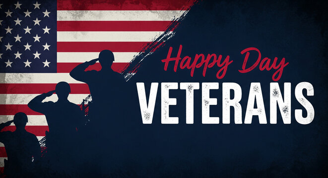 Veterans day image with american flag and saluting soldiers in silhouette against a dark background