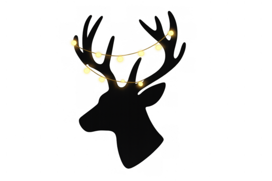 Reindeer head silhouette with glowing string lights, christmas holiday concept on transparent background