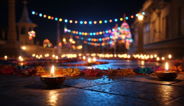 Vibrant Hanukkah scene with menorah candles shining near temple arches, surrounded by blue and gold decorations representing joy and spirituality.