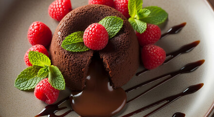 A close up shot of a chocolate lava cake with raspberries and mint on a plate with chocolate sauce