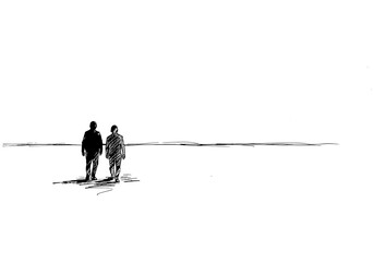 Minimalist ink drawing of a couple walking along a vast horizon