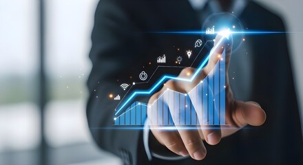 Businessman touching glowing financial chart with upward trend and icons