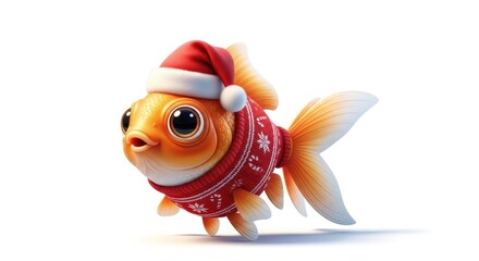 A chubby goldfish, vibrant orange, joyfully wears a Santa hat and festive red sweater, isolated on a white backdrop